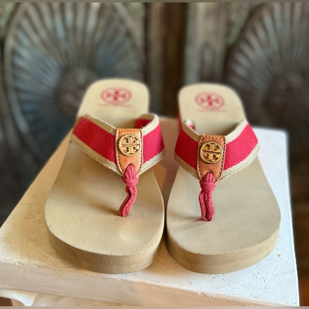 TORY BURCH Canvas Wedge Flip Flop Sandals
